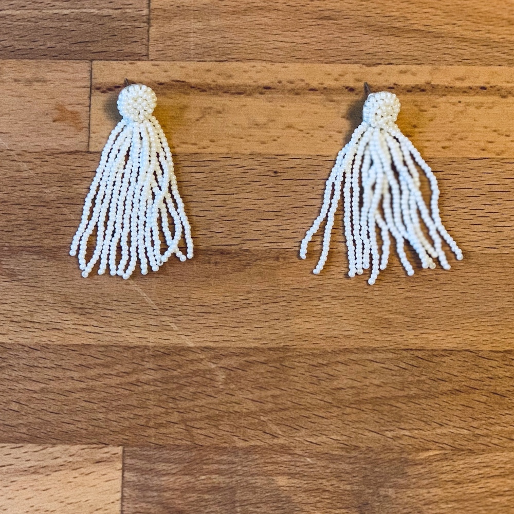 White Beaded Tassel Earrings